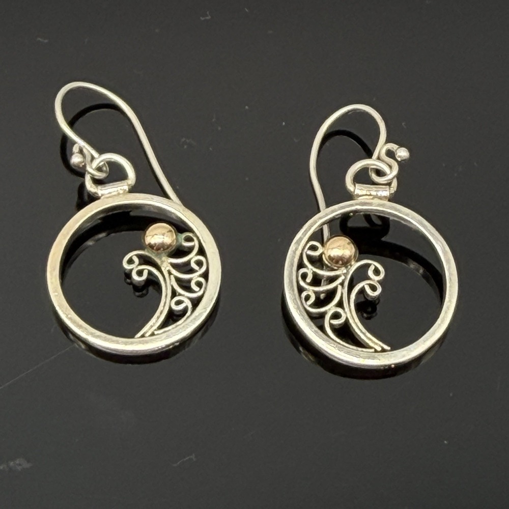 Sterling Silver Scrollwork Circle Drop Earrings Gold Ball Accent Hook Earrings